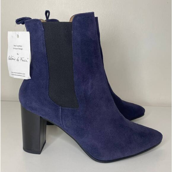 NWT ANTONIO DE FARIA BOOTS 9 SUEDE LEATHER BLUE DEBORA ANKLE BOOTIES BLACK HEEL - Picture 1 of 13